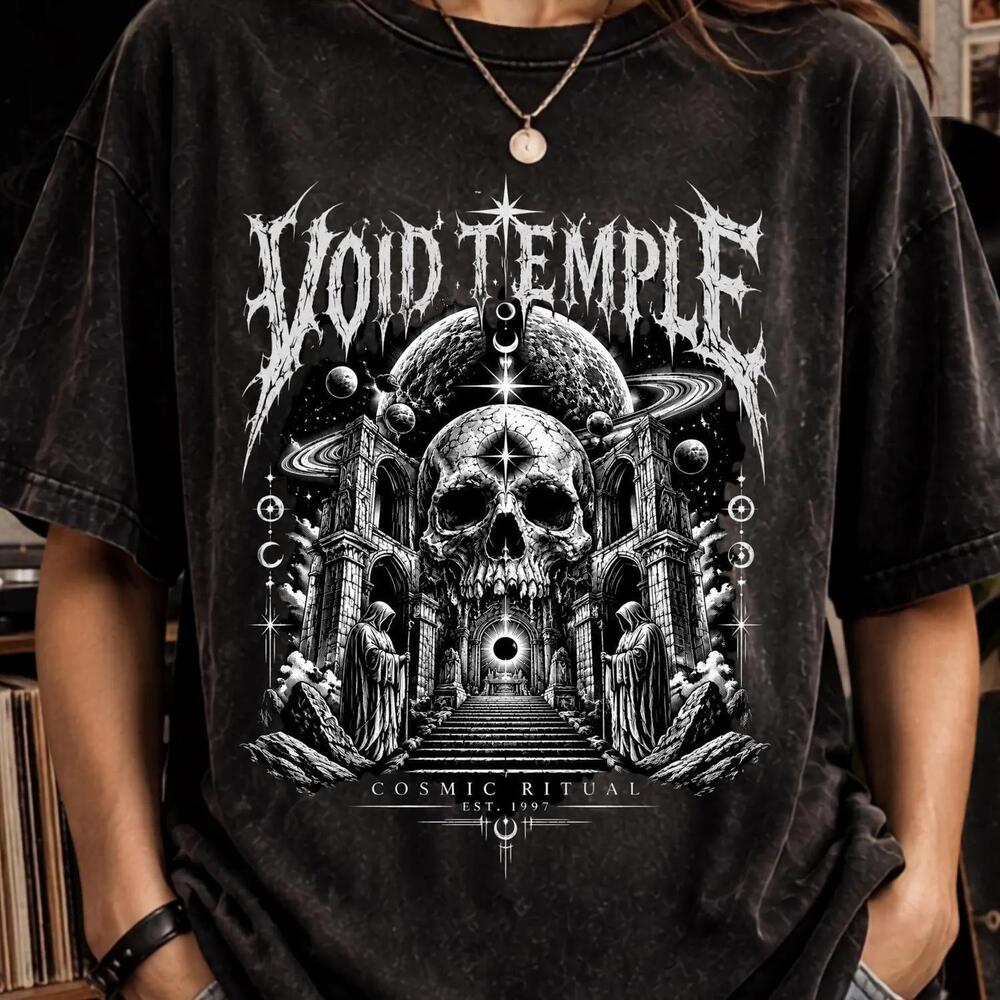 Void Temple Cosmic Skull Gothic Tee, Distressed Metal Band Shirt